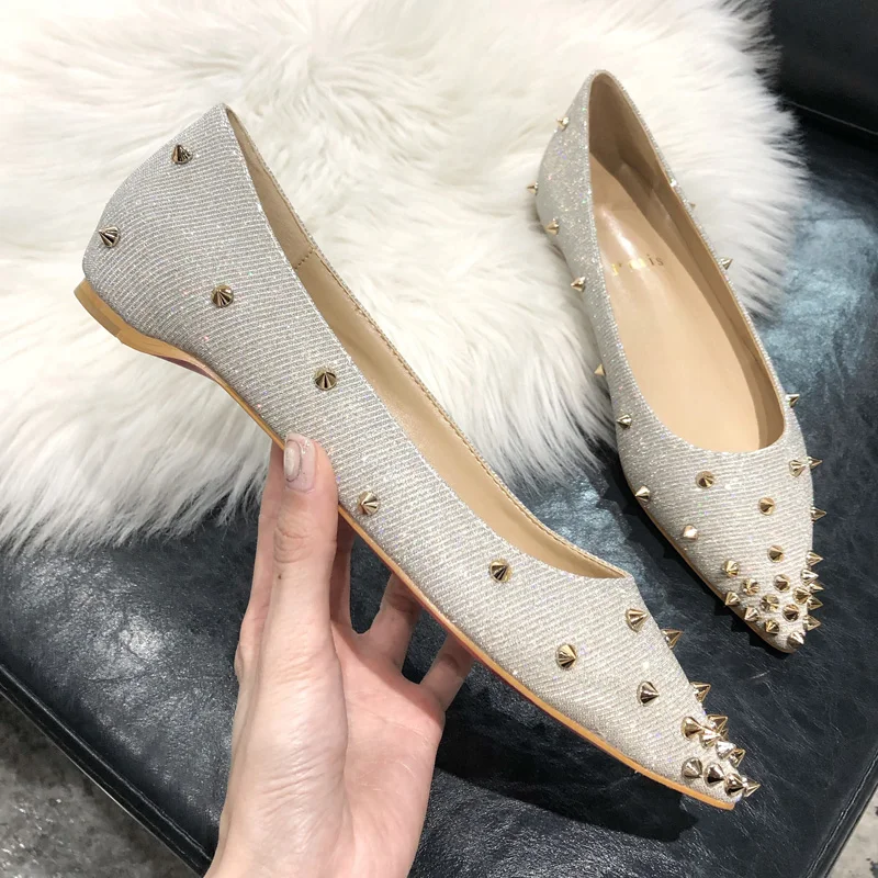2022 Spring New Pointed Toe Shallow Mouth Rivet Flat Shoes Women's Inner Heightening Liuding Boat Shoes Sequin Crystal Shoes