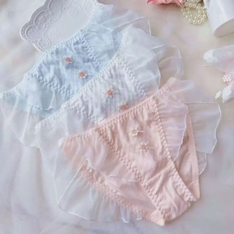 Женское хлопковое нижнее белье с сетчатыми краями и цветами эластичные дышащие