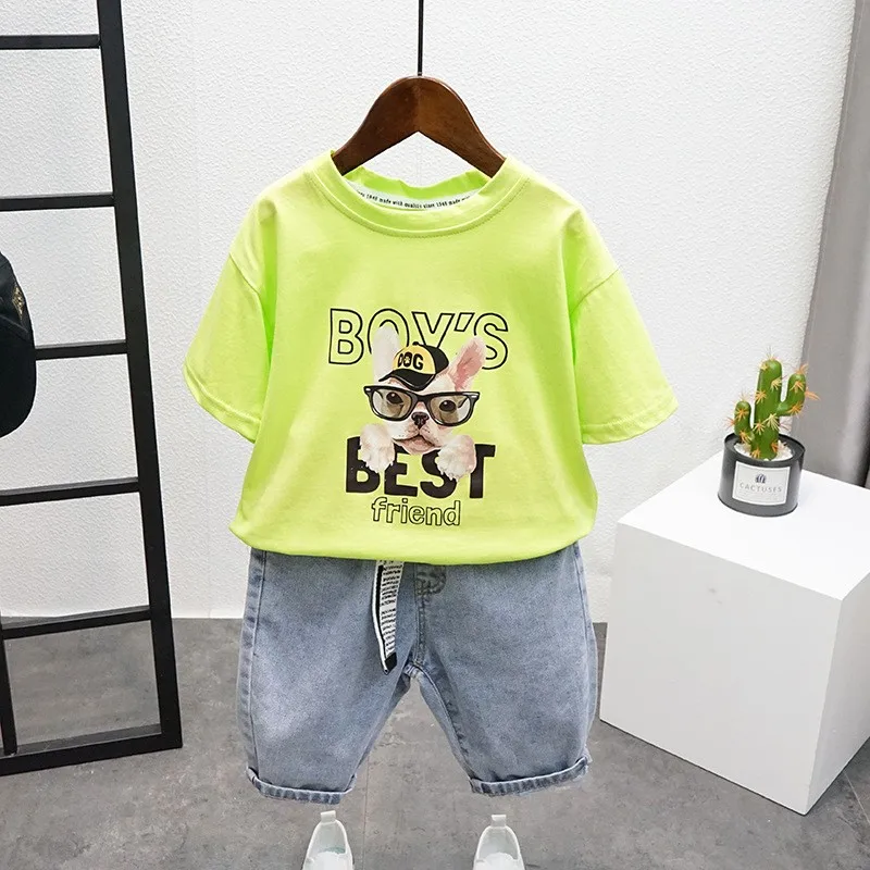 

Летняя одежда для девочек, модный детский костюм для мальчиков с мультяшным принтом, одежда с коротким рукавом, комплект из 2 предметов, 2 шт./...