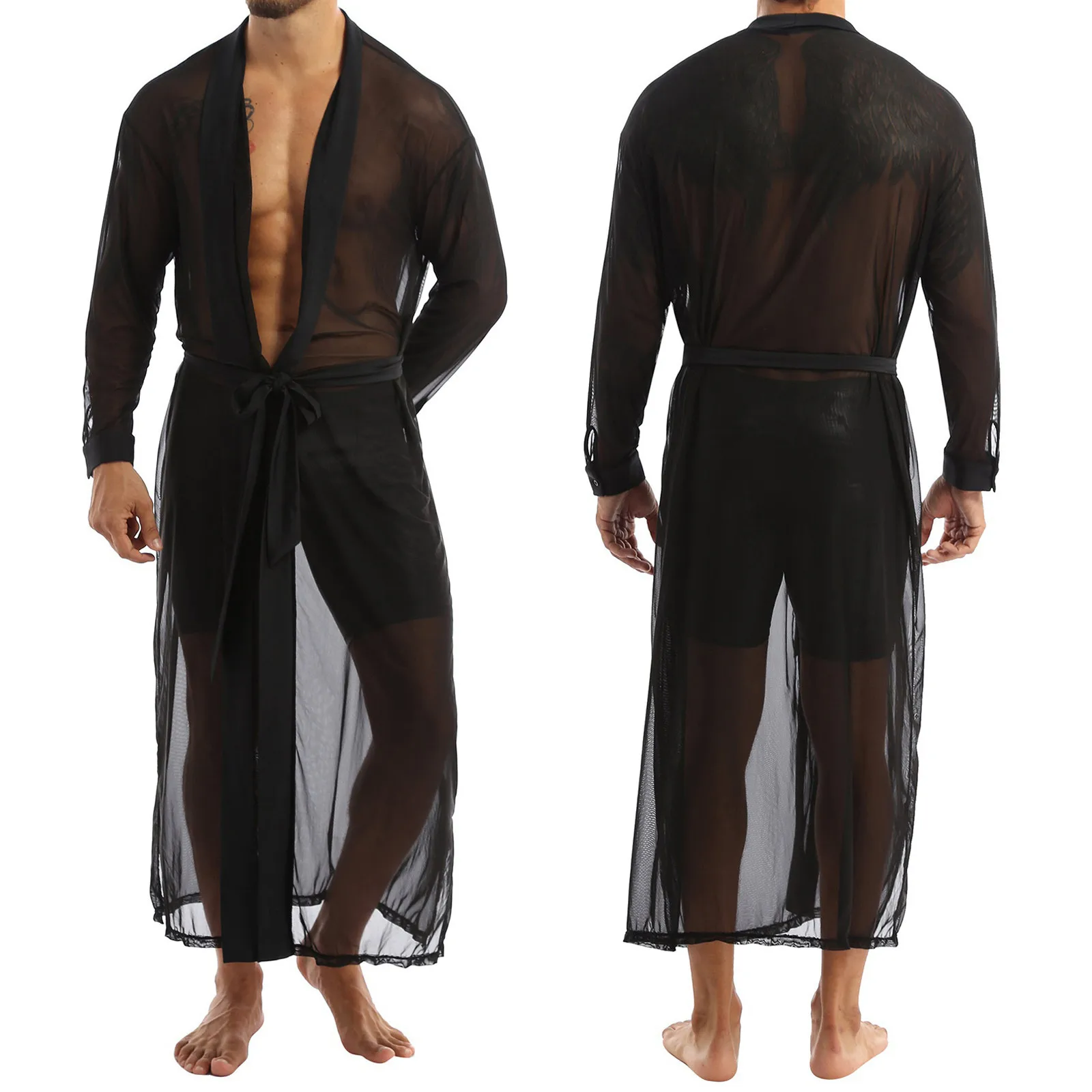 

Mesh Robes Men Long Shirt Transparent Open Cardigan Homewear Long Sleeve Loose Open Stitch Gay Nightgown Hot Sleepwear Bathrobes