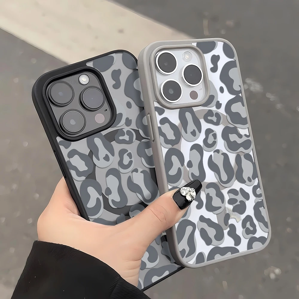 Фото Черный чехол с леопардовым принтом для iPhone 13, чехол для iPhone 17, 15, 11, 14, 12, 16 Pro Max Air Clear, чехол для беспроводной зарядки Magsafe №4