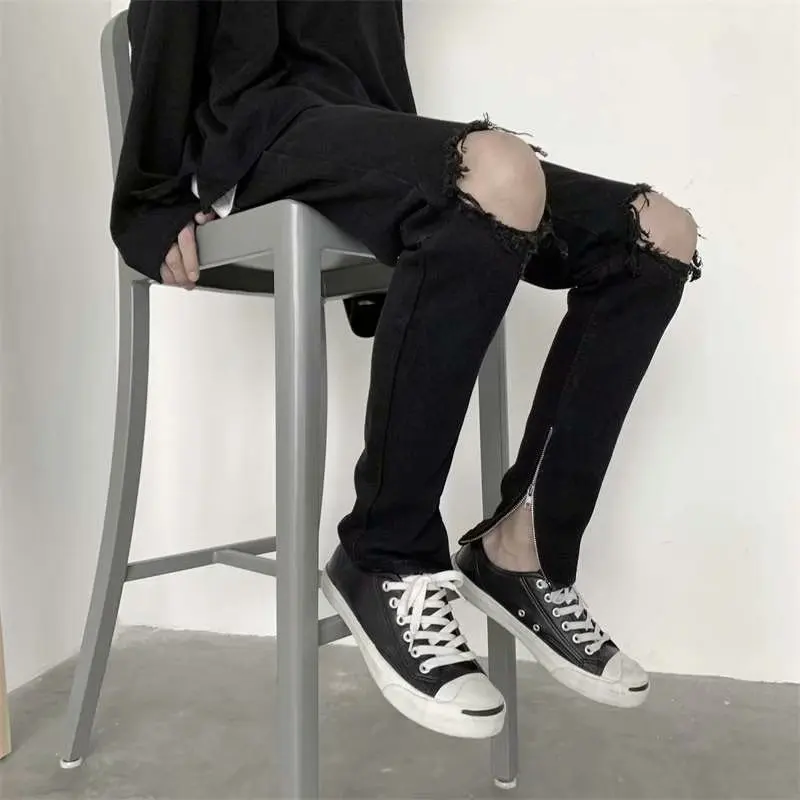 2022 New Fashion Hole Ripped Garbage Men Slim Jeans Trousers Ankle Zipper Hip Hop Black Denim Pants Punk Goth Pantalon Homme