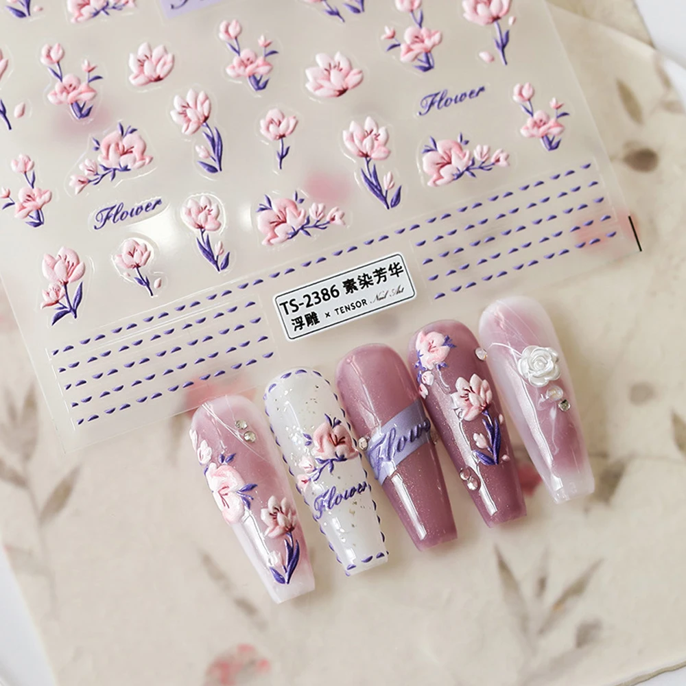 

Pink Flowers Series Embossed Nail Art Sticker 5D Floral Pattern Design Ultrathin Charm Sliders Manicure Decal Nails Tips Jewelry