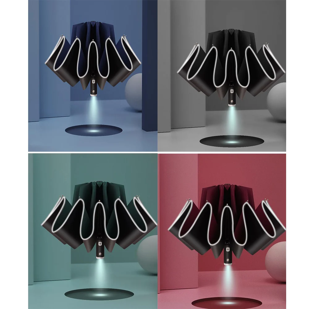 

LED Fully Automatic Windproof Umbrella With Reflective Stripe Reverse Light Umbrella Three Folding Inverted 10 Ribs Umbrellas