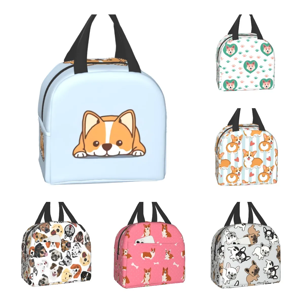 

Corgi Dog Lying Down Reusable Insulated Lunch Bag Adorable Cartoon Puppy Animal Print Cooler Tote Box with Front Pocket Zipper