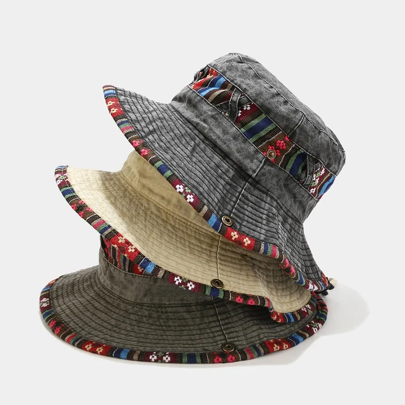 

Summer Outdoor Hiking Fishing Sun Visor Cotton National Wind Solid Color Bucket Hat Outdoor Travel Sun Cap for Men and Women