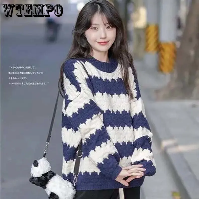

Wavy Stripe Women Sweater Loose Sweet Knitted Pullover Vintage Jumper Pull Female Long Sleeve Top Warm Bottoming Shirt Commute