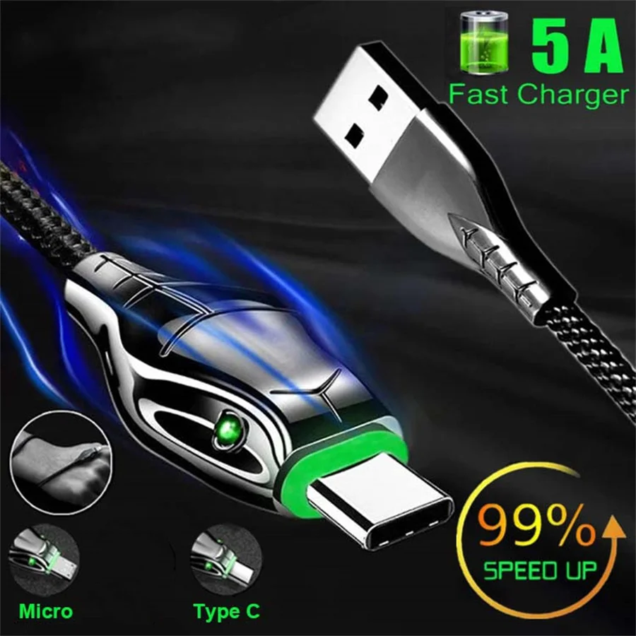 Микро-кабель типа C 5A быстрая зарядка светится змеиная голова кабели 1 м/2 м для