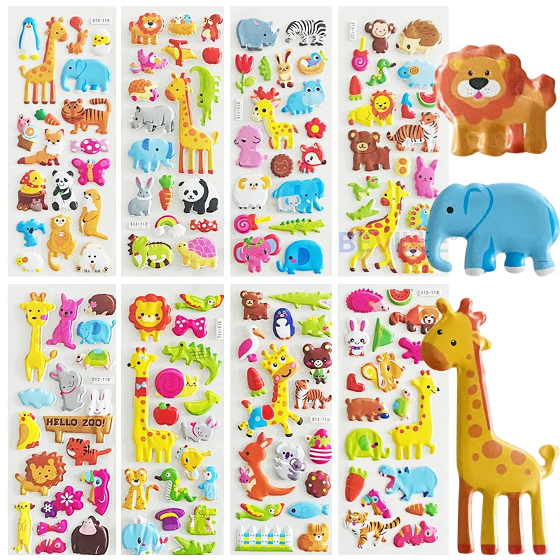 

8 Sheets Different 3D Cartoon Zoo Animals Puffy Bulk Stickers Notebook Decoration Scrapbooking Phone Laptop Sticker Toys Kids