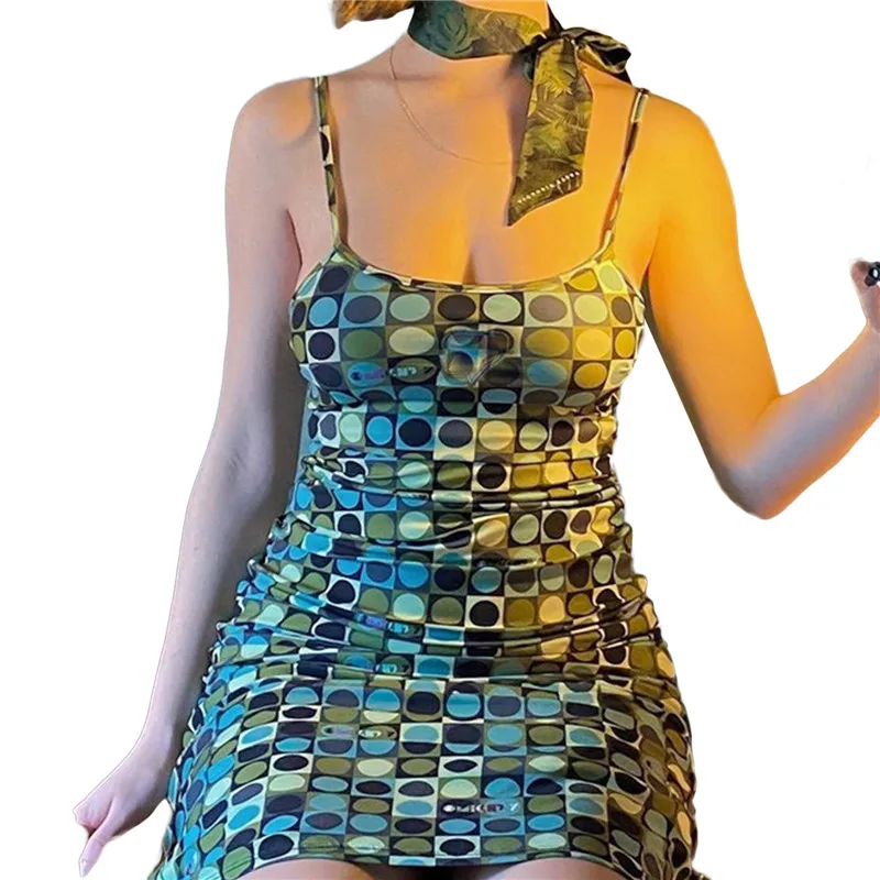 

Women Sling Dress, Spaghetti Strap Low-cut Circle Print Club Party Summer Midi Dress