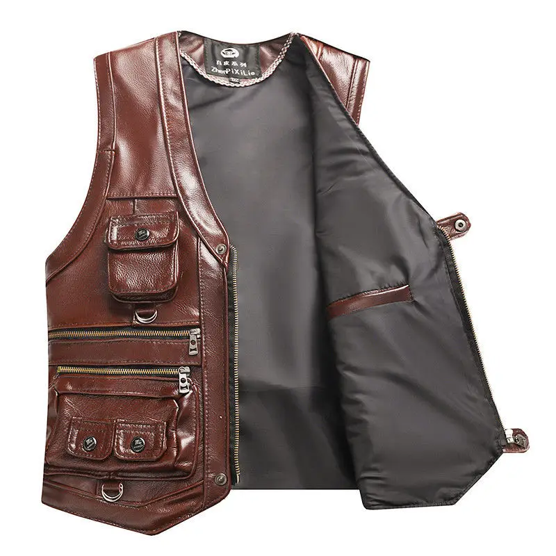 

Spring Photography Pockets Genuine Vest Cowhide Warm Top Autumn Multiple And Keep Leather Layer Autumn Men's Winter And In