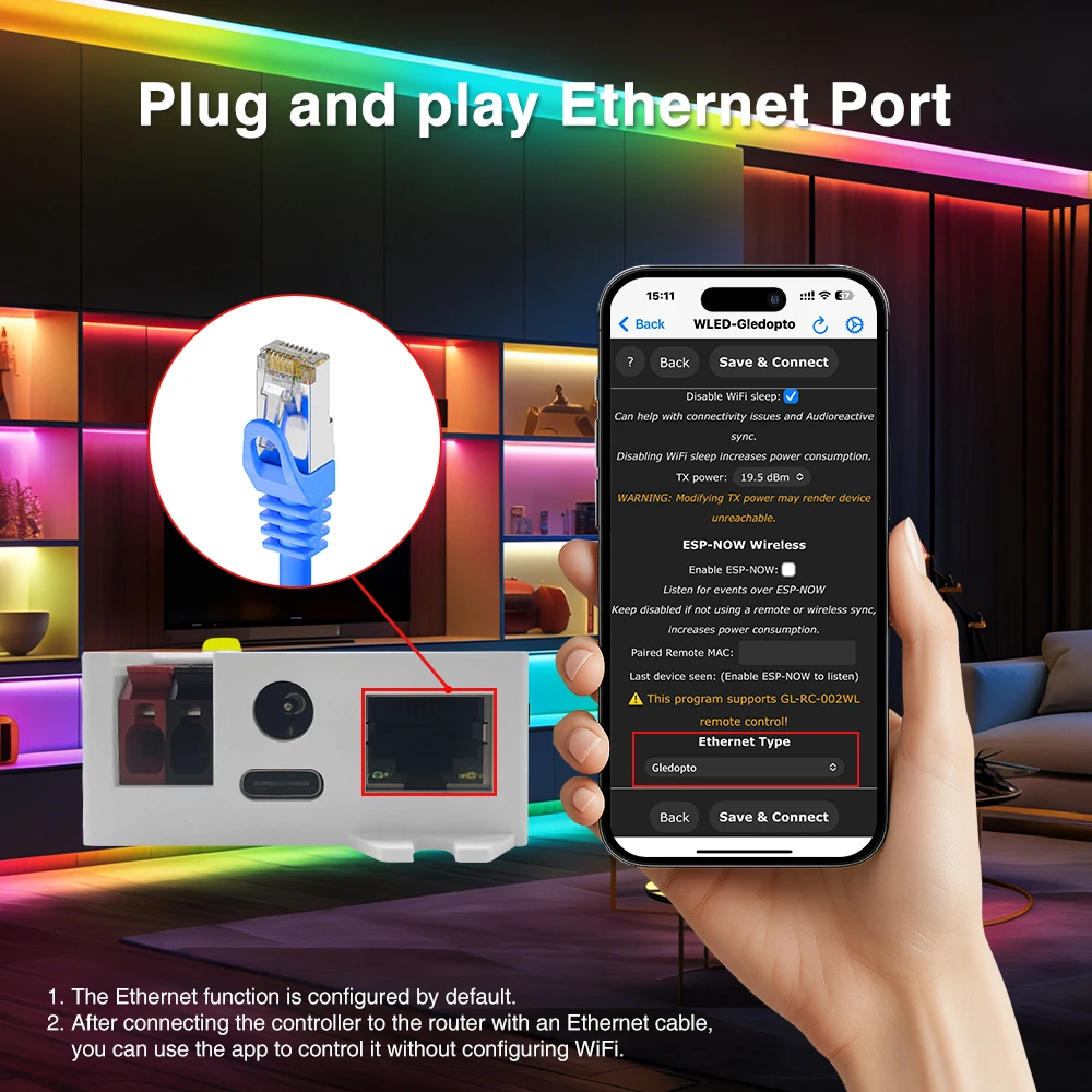 Фото Контроллер GLEDOPTO 1D2P-EXMU Digital+PWM WLED Elite Series ESP32 для светодиодных лент с Ethernet, синхронизацией музыки и поддержкой Alexa Smart Lighting №4