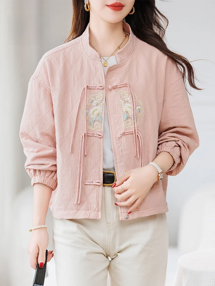 National Sle Buckle Tassel Short coat Women 2024 Spring and Autumn New Middle-Aged Mom Stand Collar Chinese Embroidery Top