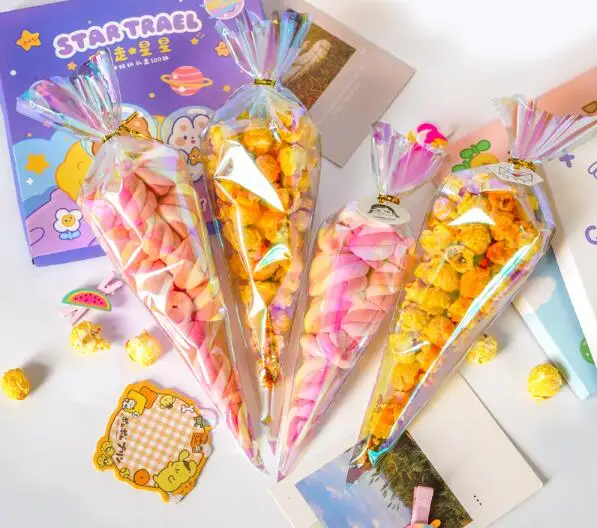 

50pcs triangle Gift Bags Cones Transprant Plastic Bag Carrot Candy Bags Kids Birthday Party Decoration Easter Party Decorati