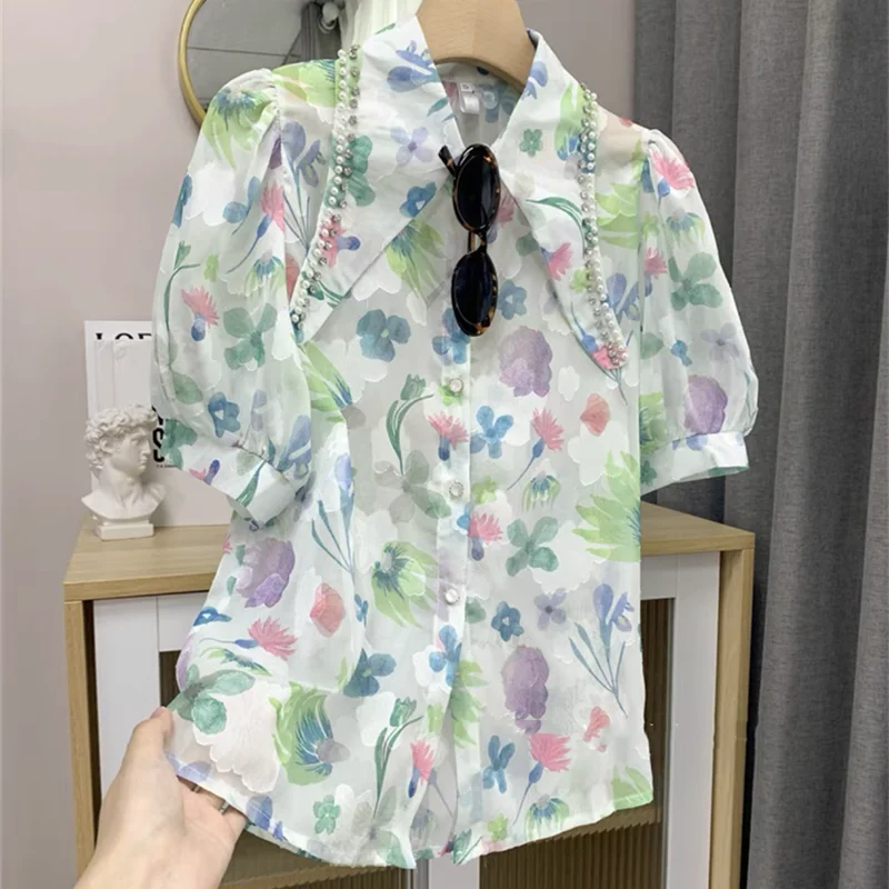 

Женская шифоновая блузка с бусинами, однобортная Повседневная Блузка с отложным воротником и короткими рукавами-фонариками, лето
