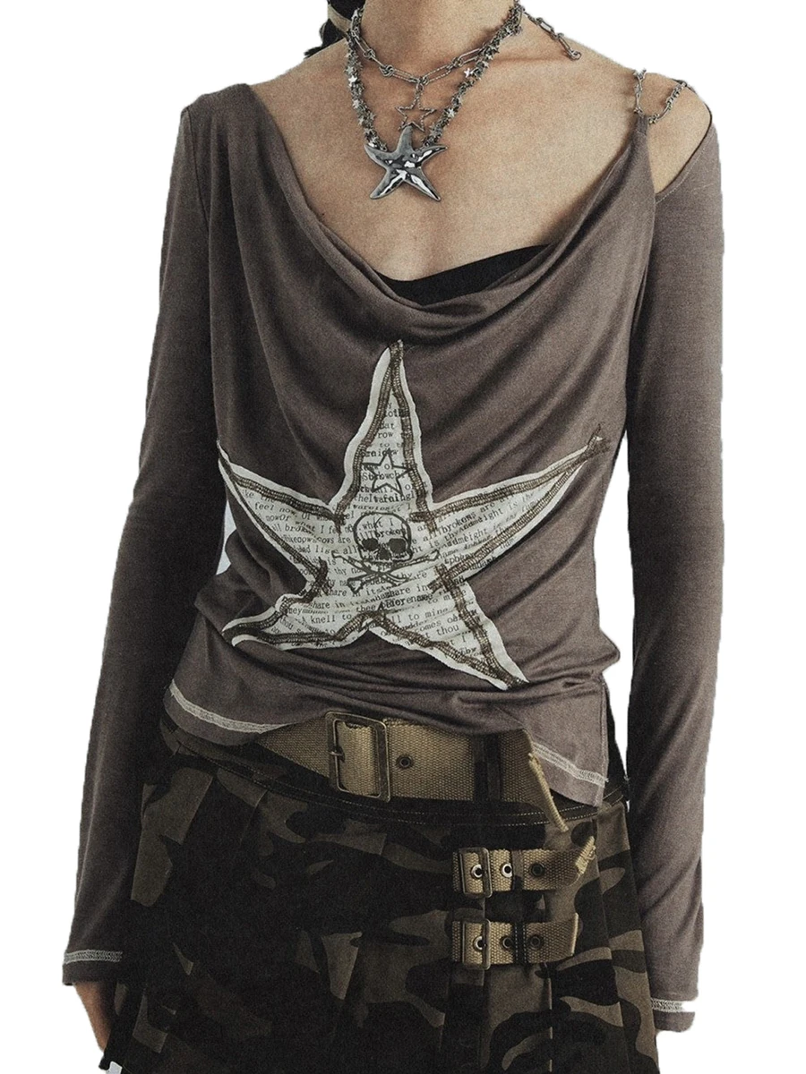 

Women T-shirt Vintage Long Sleeve Draped Neck Hollowed Star Tops