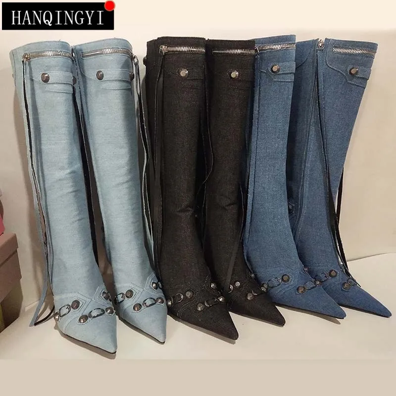 

Knee-High Women Boots Pumps Female Shoes For Denim High Heels Western Autumn 2023 Ladies Pointed Toe Chelsea Boots Footwear