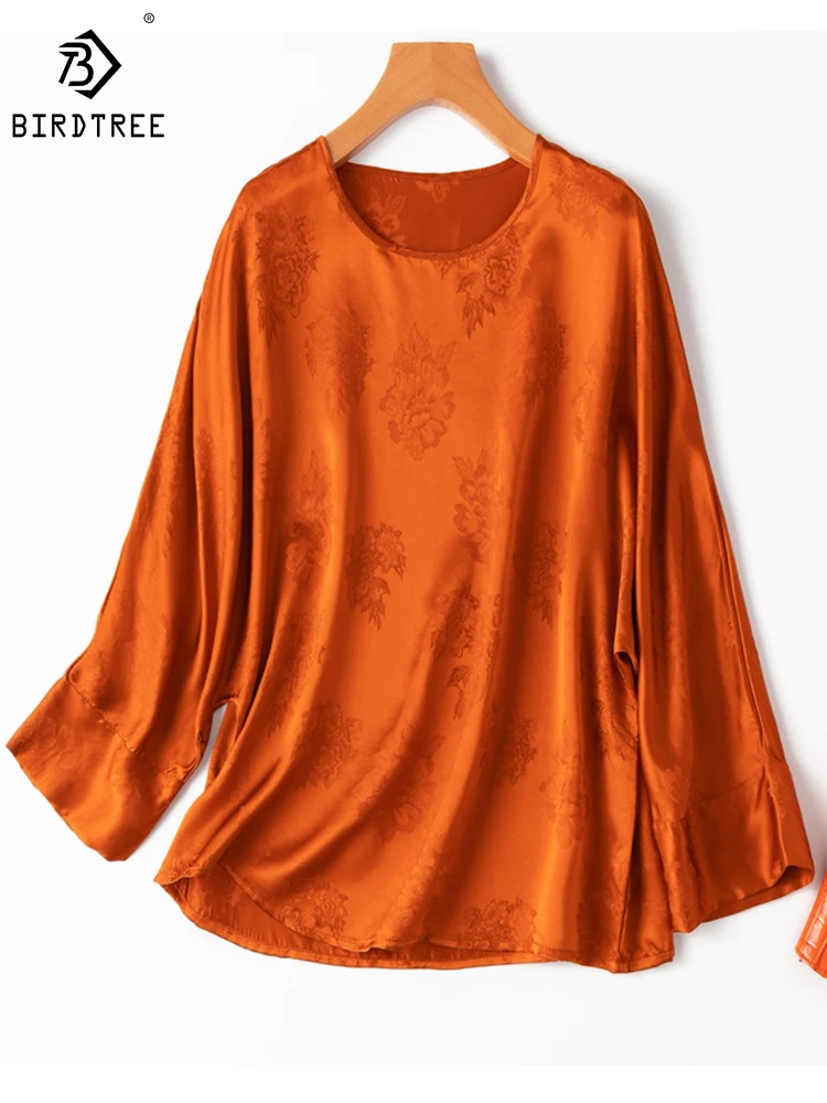 

Birdtree 20MM 100%Mulberry Silk Vintage Literary T-Shirt Jacquard Plain Crepe Satin Long Sleeve Bat Sleeve Women New T38618QD