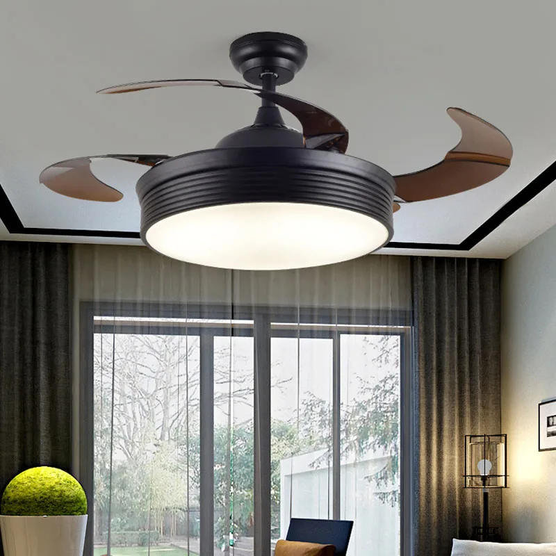 

LED Remote Control 4 Blade Fan Chandelier Automatic Retractable Invisible Polished Chrome Fan Ceiling Light Lamp AC 110/220V