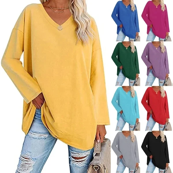 

Women's Loose Long Sleeve Fashion V-neck Knit Top Large Plus Size Tops Women Autumn Summer 2023 Solid Blouse Long Sleeve V Neck