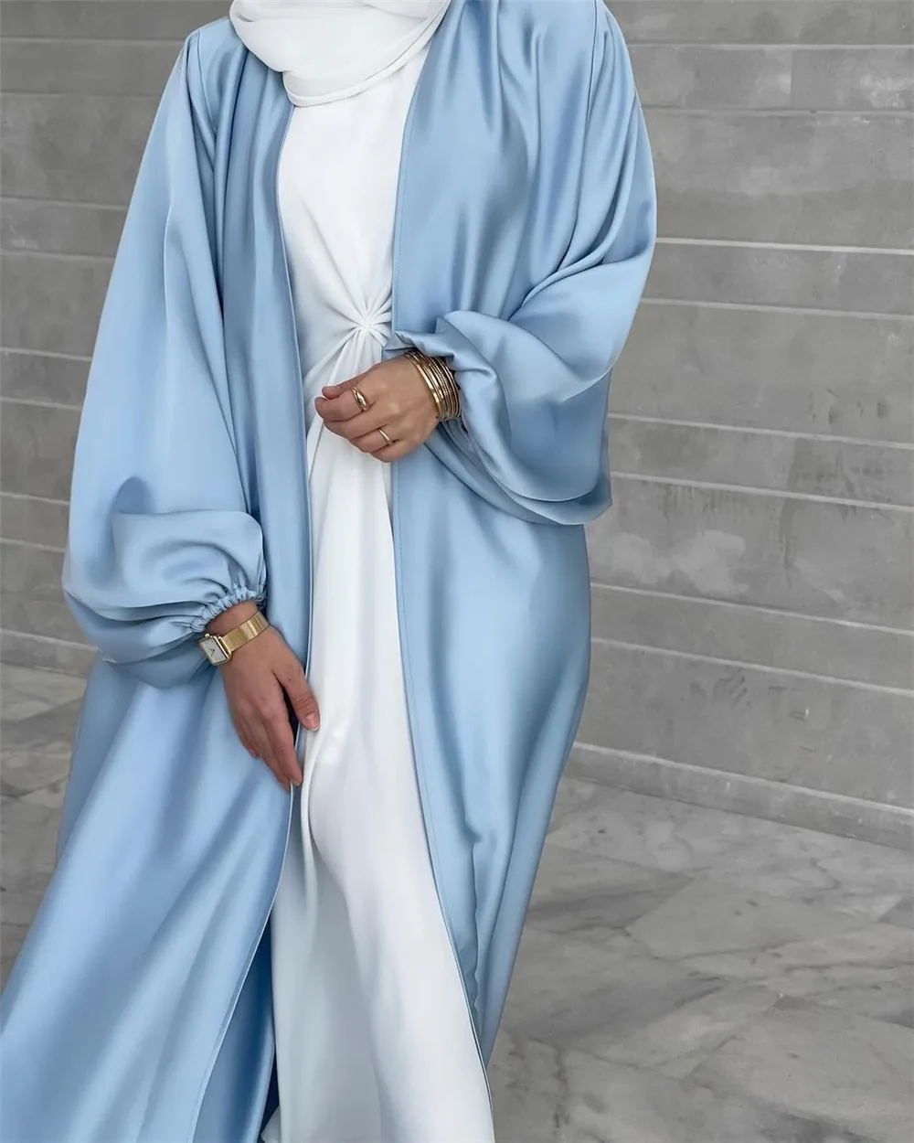

Eid Satin Open Abaya Inner Long Dress Women Summer Elegant Puff Sleeve Muslim Hijab Robe Kimono Islam Dubai Turkey Modest Kaftan