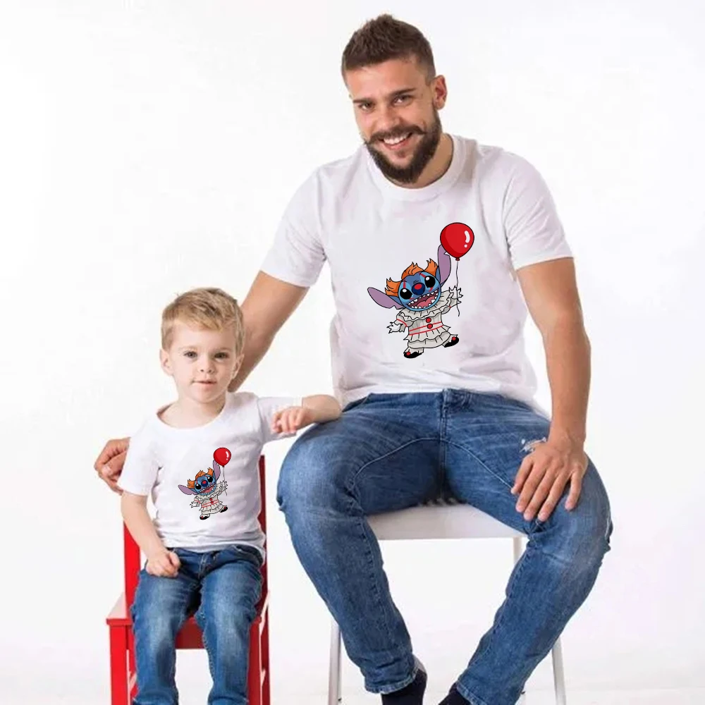 

Disney Funny Stitch Kids Family Matching Clothes Cartoon Fashion Street Play Dad Mom and Son T-shirts Creative Harajuku Baby Top