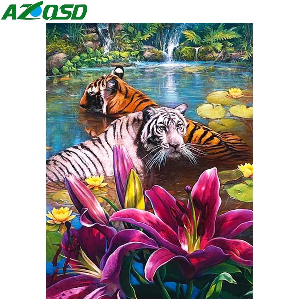

AZQSD 5d алмазная картина тигр Лотос мозаика картина Стразы Алмазная вышивка животное озеро река подарок вышивка крестиком