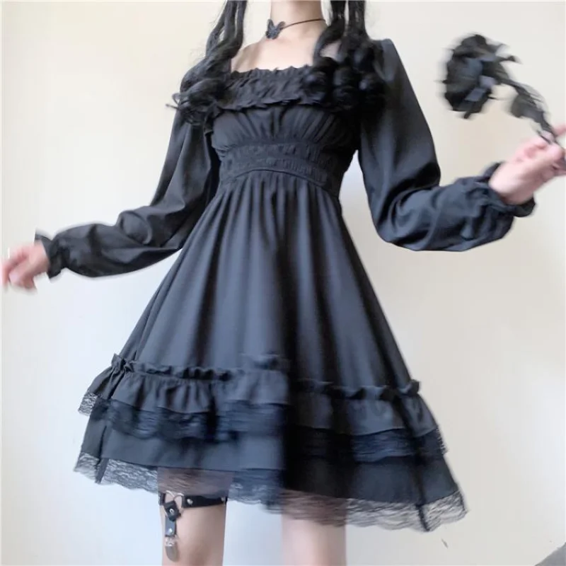 

Японское женское черное платье принцессы, мини готическое кружевное лоскутное платье с оборками, милое ТРАПЕЦИЕВИДНОЕ ПЛАТЬЕ С Длинным Рукавом