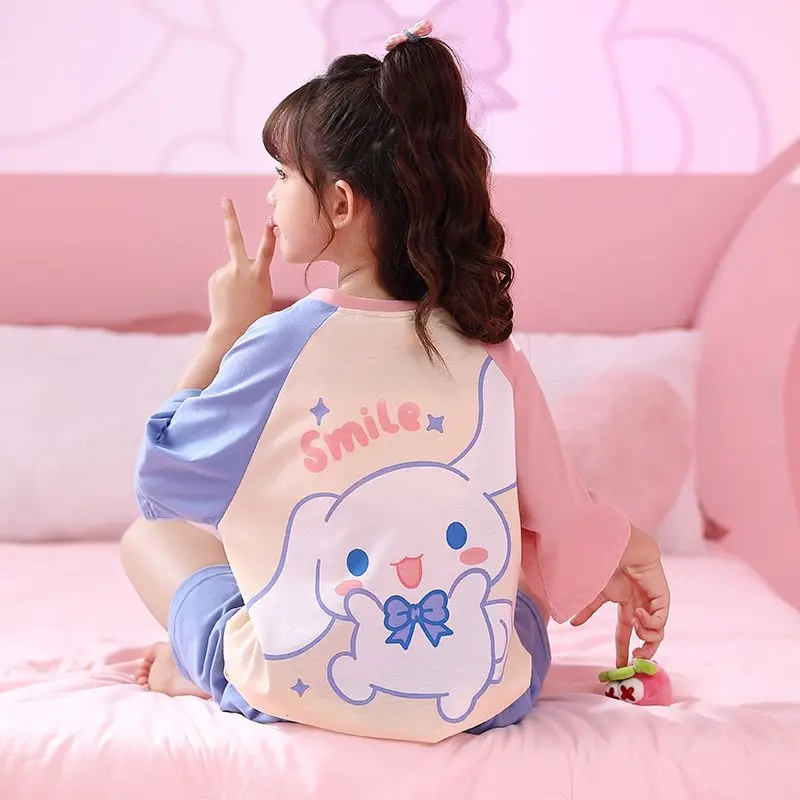 

Новинка, Детская Пижама Kawaii Cinnamoroll Kuromi из аниме, летняя тонкая пижама для девочек с коротким рукавом, милый домашний комплект для мальчиков, ...