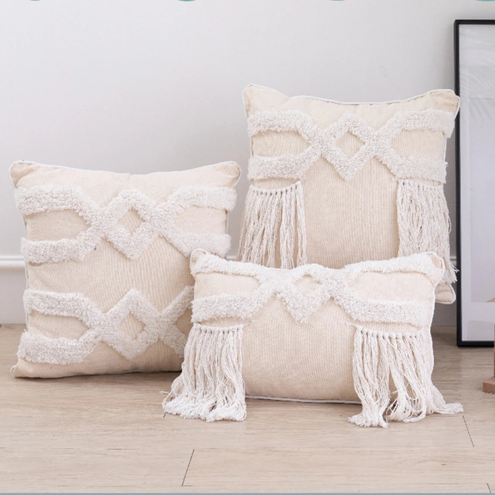 Funda de almohada de algodón con borlas para decoración del hogar, funda de cojín con borlas Beige, estilo nórdico bohemio marroquí, 30x50cm, 45x45cm