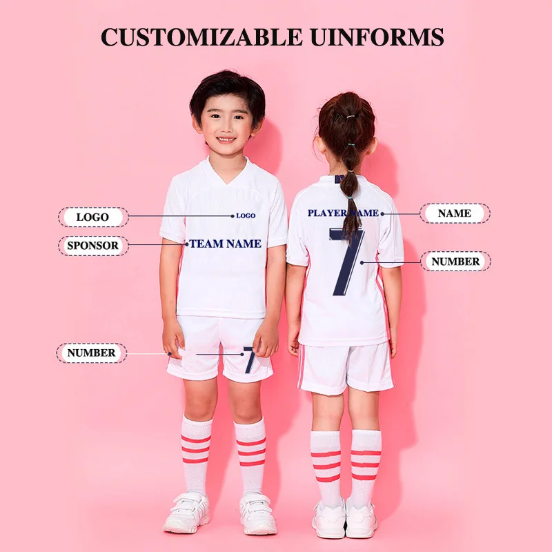 

Children Soccer Sets Boys Girls Sublimation Blank Custom Spain Club Team Name Logo Jerseys Training Short Sleeve Soccer Uniforms