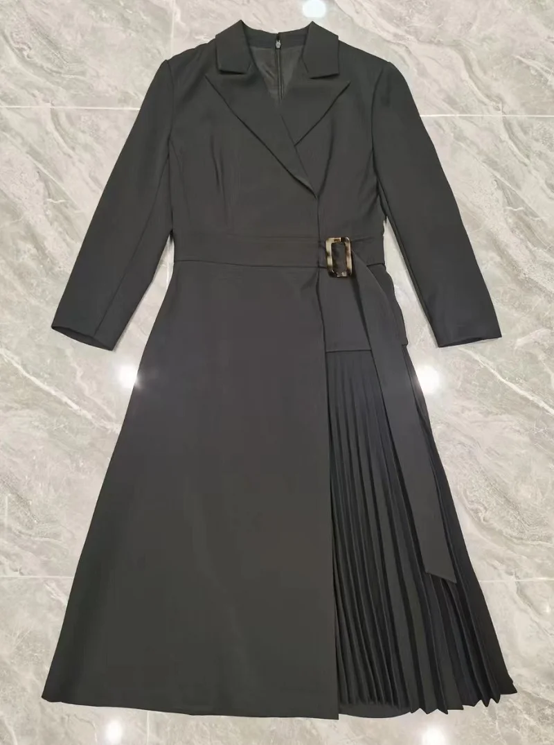 Женское платье с отложным воротником плиссированное в стиле пэчворк длинным