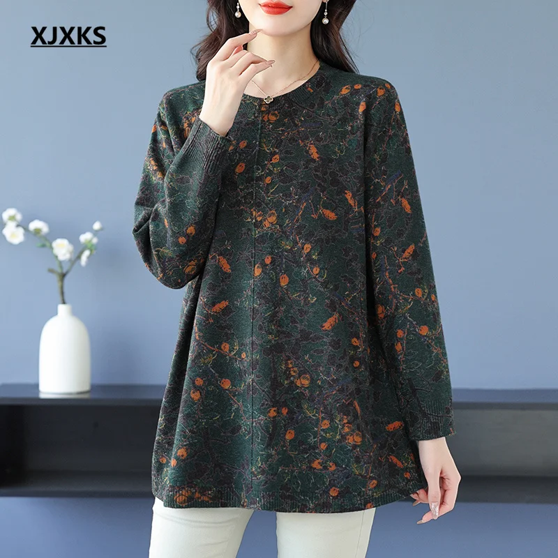 

Женский свитер средней длины XJXKS, удобный мягкий шерстяной вязаный пуловер с цифровым принтом, Осень-зима 2024