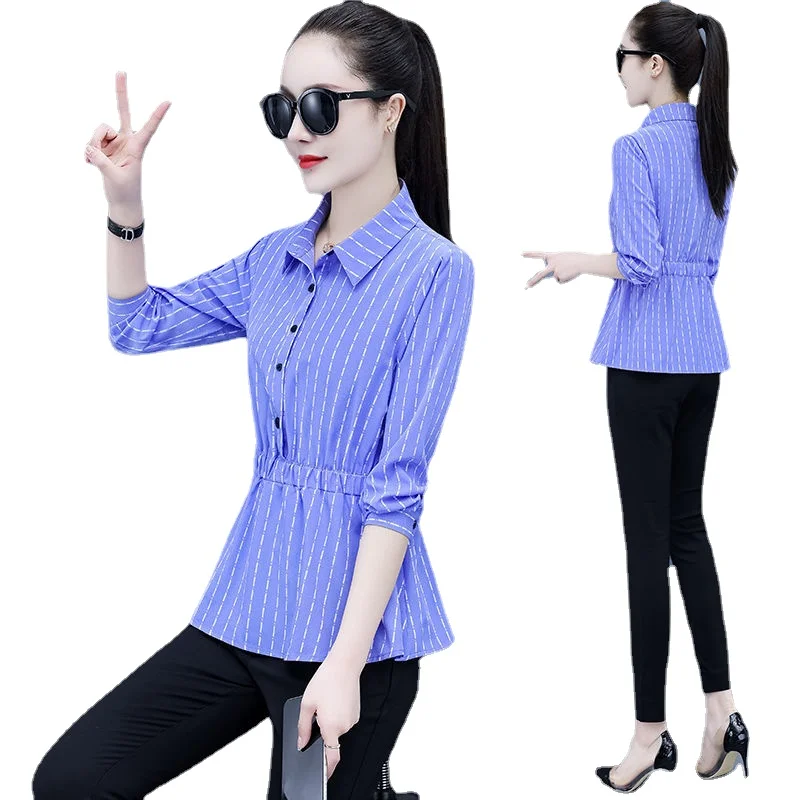 Spring and autumn new pullover chiffon striped shirt women's long sleeve slim waist elastic design Korean casual