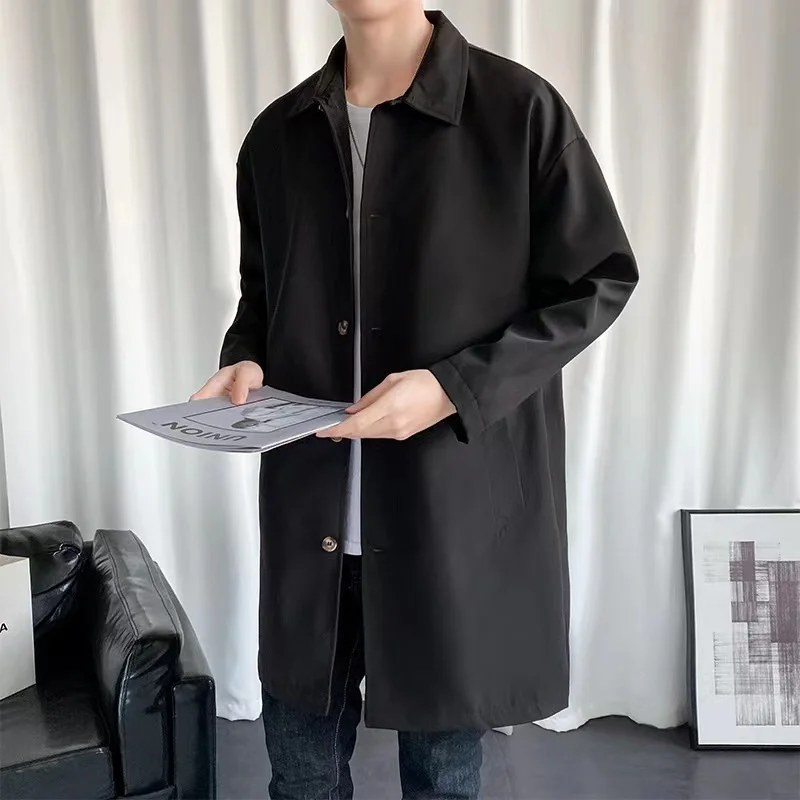 

2022 Spring and Autumn New Outer Wear Men's Pure Color Casual Fashion Korean Coat Middle Long Lapel Windbreaker