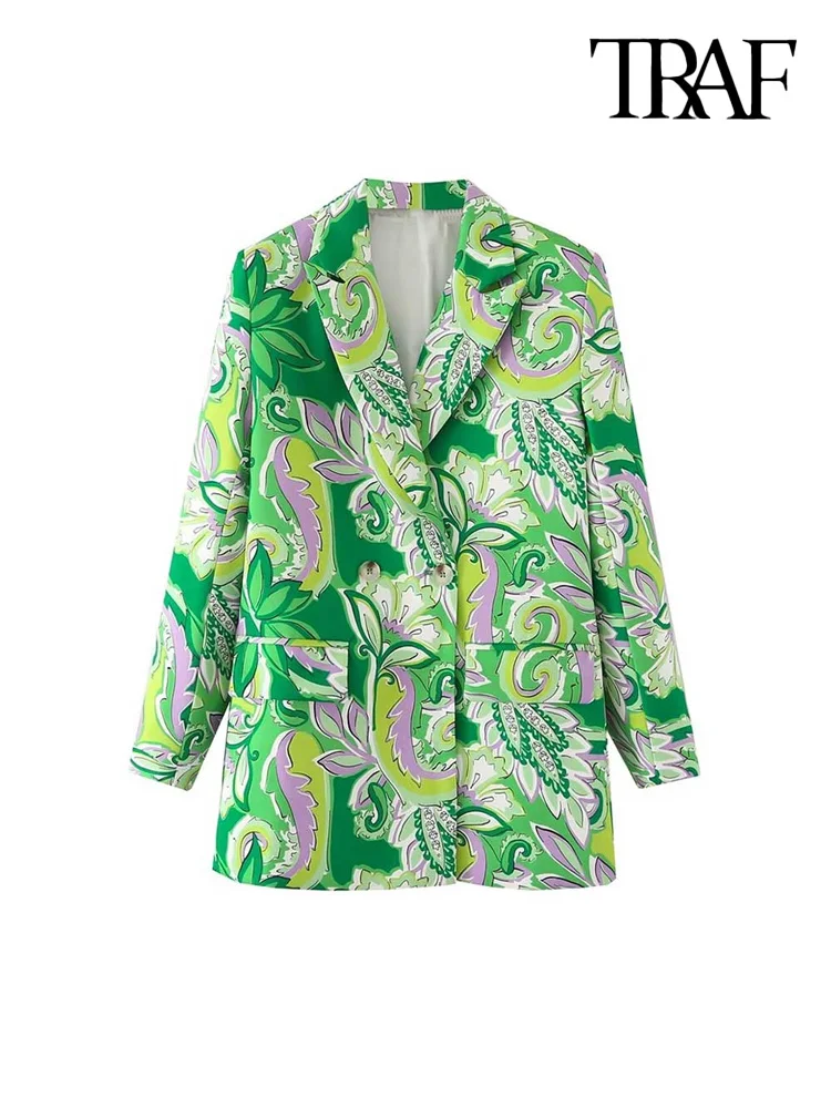 

TRAF Women Fashion Printed Double Breasted Blazer Coat Vintage Long Sleeve Flap Pockets Female Outerwear Chic Veste Femme