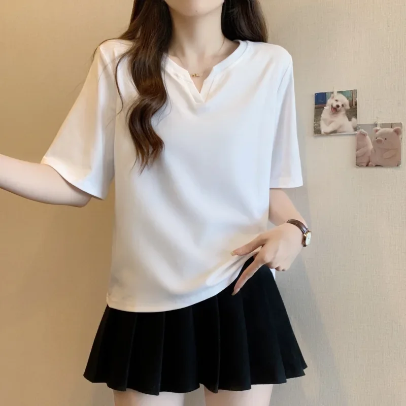 Белая футболка из чистого хлопка женская летняя свободная с короткими рукавами