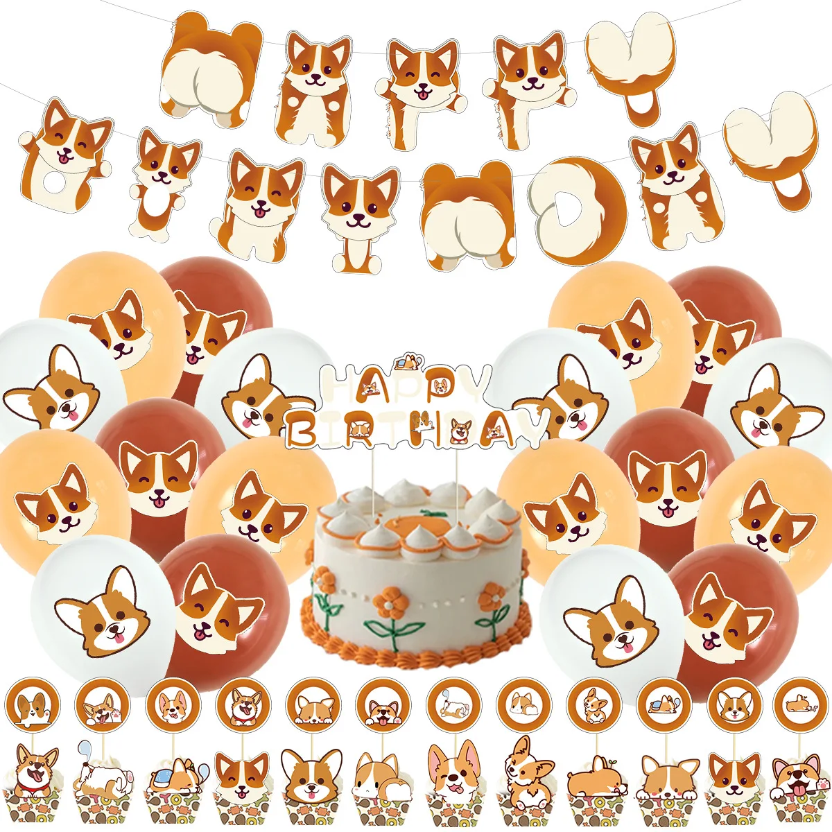 

44Pcs/set Corgi Theme Birthday Party Decoration Supplies Banner Cake Topper Cupcake Wrappers Baby Shower Balloons Kids Favors