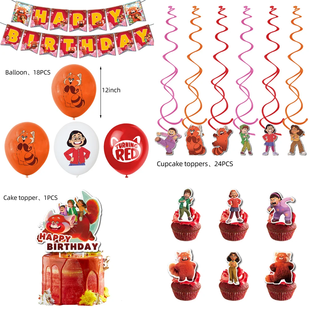 

Disney Turning Red Theme Party Decoration Cake Topper Banner Spiral Balloons Panda Kids Birthday Party Supplies Baby Shower