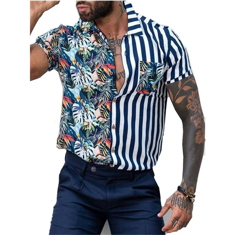 2023 Summer New Trendyol Mens Vintage Hawaiian Striped Patchwork Shirt Short Sleeve Hawaii Beach Shirts For Men Camisa Palmeiras