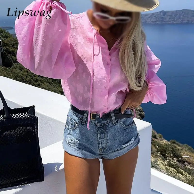 

Summer V Neck Lantern Long Sleeve Tops Elegant Women Lace Up Single Breasted Shirt Fashion Jacquard Solid Color Cardigan Blouse
