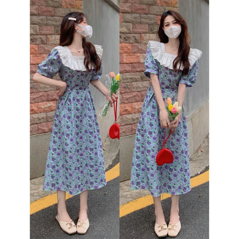 

Платье женское с пышными рукавами и цветочным принтом, тонкое милое французское платье средней длины в ретро стиле, с кружевным воротником, ...