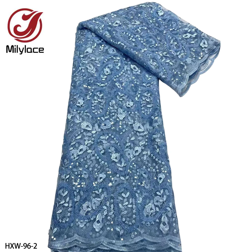 

Nigerian Lace Fabric 2022 Latest High Quality Sequins Lace Fabric Embroidered Tulle Lace Fabric for African Women Dress HXW-96