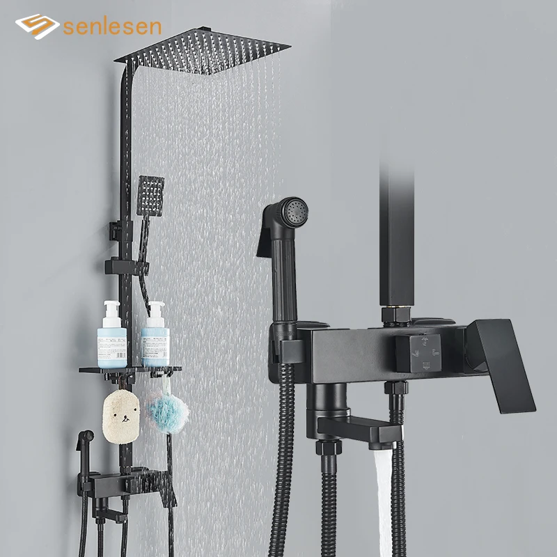 

Senlesen Black Bathroom Shower Faucet Set Brass Rainfall Shower Head With Shelf 4 Functions Height Adjustable Shower Mixer Crane