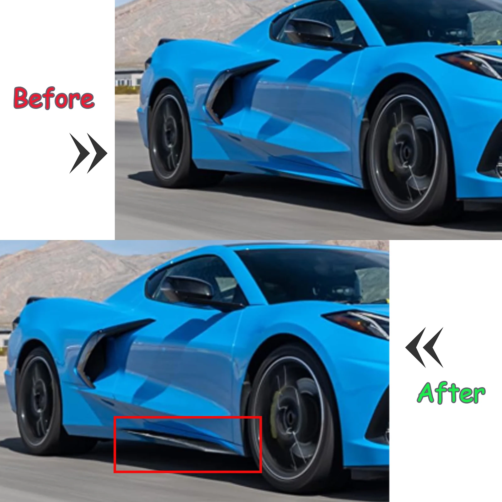 Фото Удлинители боковой юбки автомобиля для Chevrolet Corvette C8 Stingray/Z51 2020 2021-2024, аксессуары-сплиттер из углеродного волокна, спойлер №2