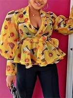 long sleeve top women blouses yellow v neck open stitch sexy printed chiffon blouse sashes wrap shirts fashion new womens tops