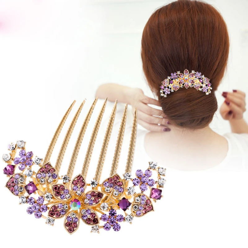 

Vintage Rhinestone Hair Comb Flower Bridal Crystal Seven teeth hair comb Ornaments Jewelry Wedding Elegant Hair Accessories