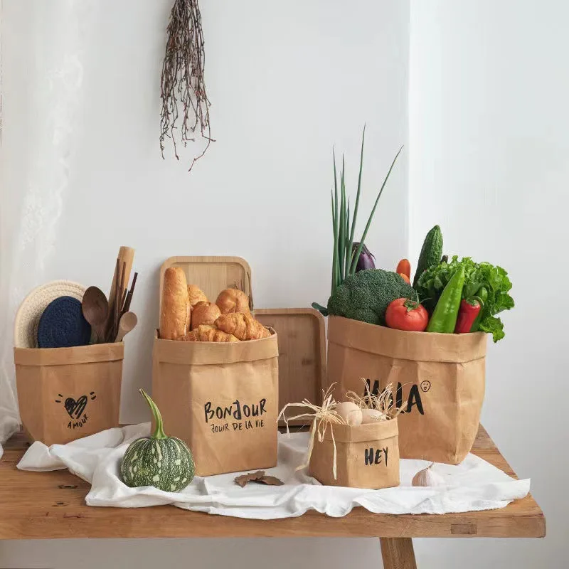 

Nordic Washable Kraft Paper Bag Kitchen Refrigerator Fruit Vegetable Daily Necessities Storage Bag Shop Window Shooting Props