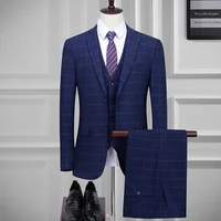 2022 New Men British Style Slim Fit Plaid Dress Business Casual Suit 3 Piece Set Groom Dress Blazers Jacket Vest Pants Trousers