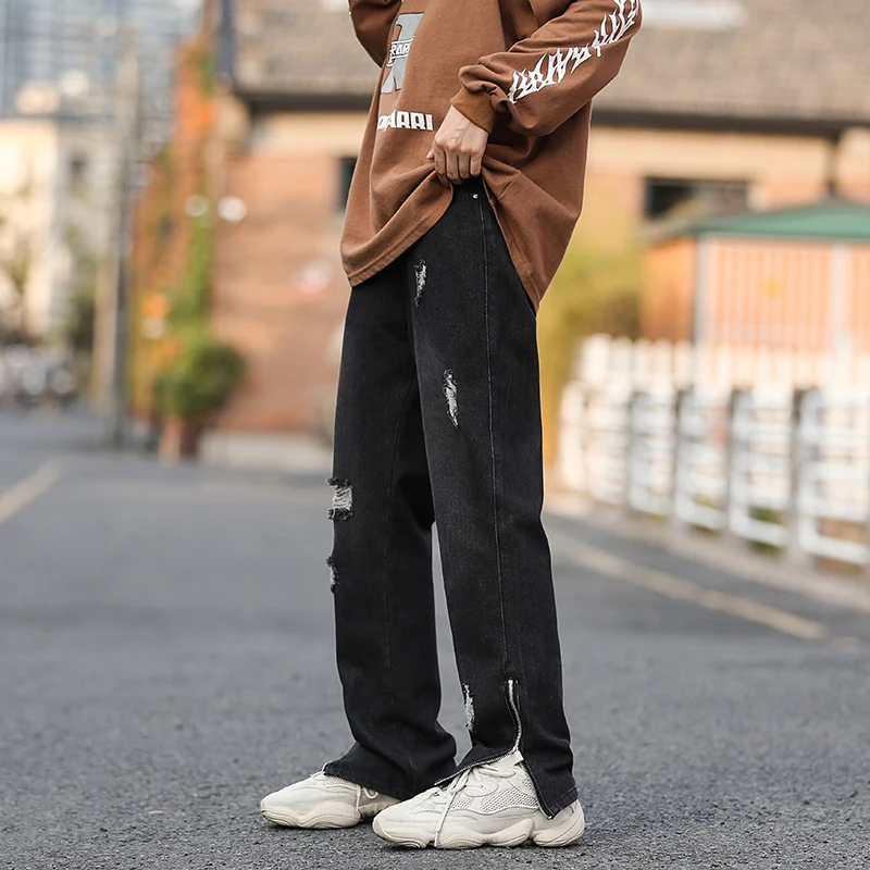 Y2K Vintage American Side Zipper Tide Brand Street Hole Jeans Men's Spring and Autumn Casual Loose Straight Hiphop Pants Pants